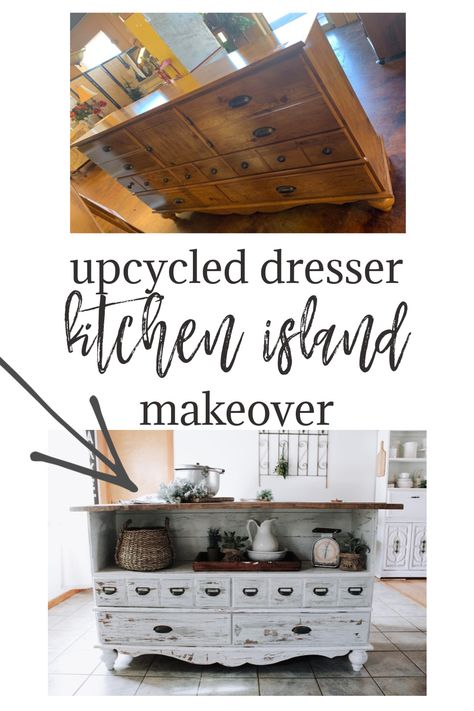 How to Repurpose a Dresser into A Kitchen Island | Roost + Restore Kitchen Island Diy Farmhouse, Dresser As Kitchen Island, Dresser Island, Farmhouse Island, Dresser Kitchen, Upcycle Dresser, Dresser Kitchen Island, Rustic Kitchen Island, Kitchen Dresser