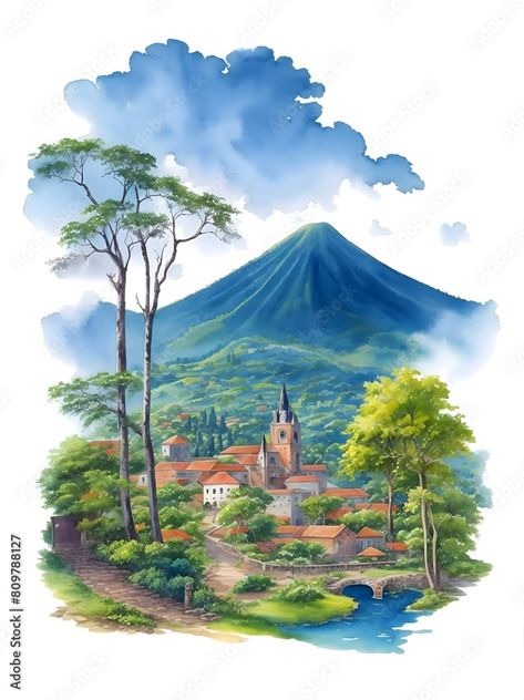 Honduras Poster, Country Landscape, Landscape Watercolor, Country Landscaping, Country Art, Old City, Watercolor Landscape, Photo Illustration, Honduras