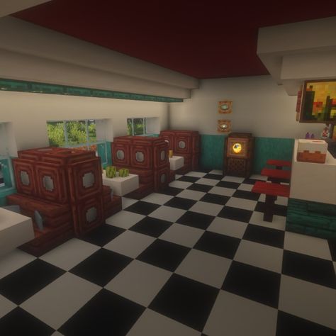 Minecraft Diner Interior, 80s Minecraft Builds, Minecraft Resteraunt, Minecraft Record Shop, Minecraft Stores Ideas Interior, Minecraft Record Store, Minecraft Mall Interior, Retro Minecraft Builds, Minecraft School Interior