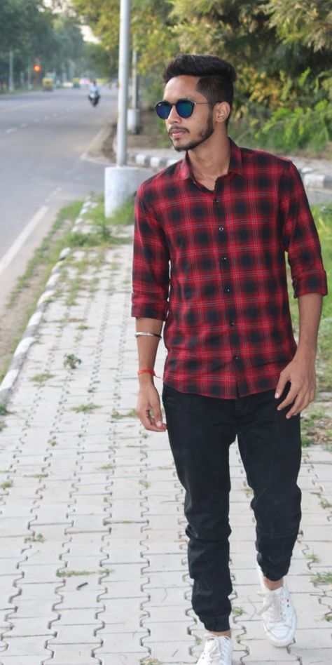 Combination of Red Check Shirt and Black Jogger Red Check Shirt Outfit Men, Plaid Outfit Men, Red Checked Shirt Outfit, Check Shirt Outfit, Red Plaid Outfit, Checked Shirt Outfit, Red Checked Shirt, Plaid Outfit, Red And Black Shirt