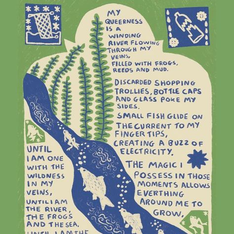 Freya Elise on Instagram: "Another wee piece about queerness & rivers, featuring my favourite little frog drawings 🐸🌱 #illustration #illustrator #queer #queerness #queerartist #queerart #queernature #poem #poetry #naturepoetry #queerpoetry #magic #rivers #frogs #zine #zinemaking" Poem Zine, Queer Poems, Nature Zine, Queer Illustration, Queer Poetry, River Poem, Illustrated Poem, Poetry Zine, Zine Project