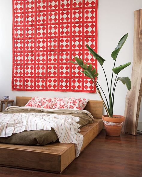 hang a tapestry over a low bed Red Minimalist Bedroom, Red Sheets Aesthetic, Red Metal Bed Frame, Ways To Make Your Bed, Monochromatic Rooms, Matisse Red Room, Feminine Bedroom Decor, Bedroom Tapestry, Solid Red Quilts Bedding