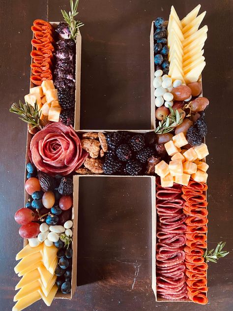 Charcuterie Board Ideas With Letters, Letter B Charcuterie Board, Letter Box Charcuterie, Number Trays For Food, Letter J Charcuterie Board, Letter Food Platter, Letter Board Charcuterie, Charcuterie In Letter Boxes, Alphabet Charcuterie Board