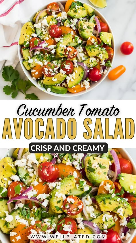 Avacado Tomato And Cucumber, Recipes With Cucumber And Tomato, Tomatoe Avocado Salad Healthy, Cucumber Tomato Avocado Salad Recipes, Tomato Cucumber And Avocado Salad, Cucumber Summer Salad, Cucumber Tomato Avacado Salad, Tomatoe Cucumber Salad, Cucumber Avocado Tomato Salad