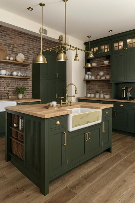 Green Gold Palette, Green Kitchen Designs, Model Dapur, Dark Green Kitchen, Kitchen Dark, Gold Palette, Brown Kitchens, House Vibes, Green Cabinets