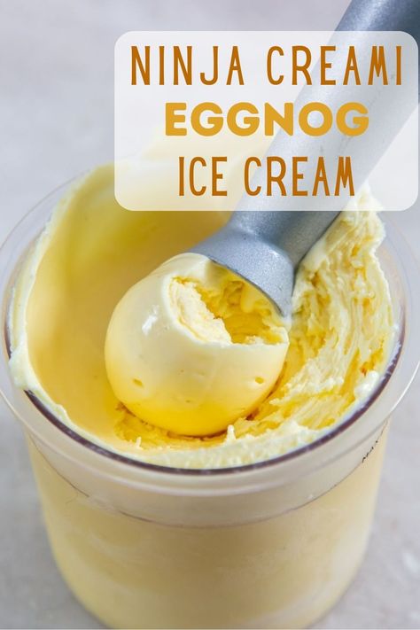 This Ninja Creami Eggnog Ice Cream is creamy, super simple, and way better than the ones that you can buy at the grocery store! It has only 1 ingredient, EGGNOG! Ninja Creami Salted Caramel Ice Cream, Ninja Creami Eggnog Ice Cream, Ninja Creami Frosty, Ninja Creami Recipes Smoothie, Ninja Creami Pumpkin Ice Cream, Ninja Blender Ice Cream Recipes, Ninja Creami Drink Recipes, Ninja Creami Sherbet Recipes, Ninja Creami Ice Cream Recipe