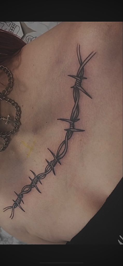 Barb Wire Chest Tattoo, Barbed Wire Garter Tattoo, Barb Wire Tattoo Around Leg, Barbed Wire Collarbone Tattoo, Female Collarbone Tattoo, Collarbone Tattoo Grunge, Barbwire Tattoo Thigh, Barb Wire Collar Bone Tattoo, Barbwire Collar Bone Tattoo