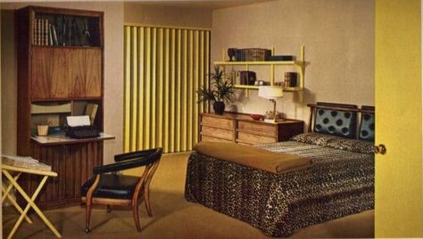 1965-bedroom - love the shelf unit with open shelves, cabinets and pull down desk top. 60s Aesthetic Bedroom, 60s Bedroom Ideas, 1960s Bedroom Decor, Bedroom 60s, Master Curtains, 1960s Bedroom, 1960s Living Room, 60s Bedroom, 1960s Interior