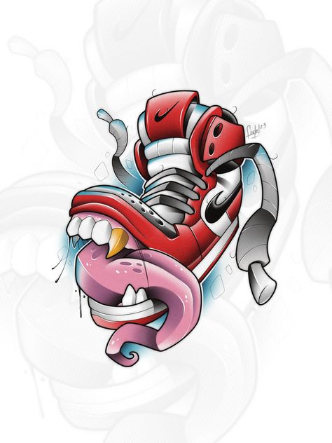 #tattoo #newschool #newschooltattoo #nike #nikejordan #niketattoo #shoesaddict #tattoodesign #tattooideas Mario Tattoo Design, Nike Tattoo, Colored Tattoo Design, Neo Tattoo, Pop Art Tattoos, Cute Simple Tattoos, Surreal Tattoo, Sticker Tattoo, Japanese Dragon Tattoo