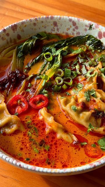 Thai Red Curry Paste, Dumpling Soup, Frozen Dumplings, Chilli Oil, Dumplings For Soup, Pak Choi, Food Instagram, Red Curry Paste, Spring Onions