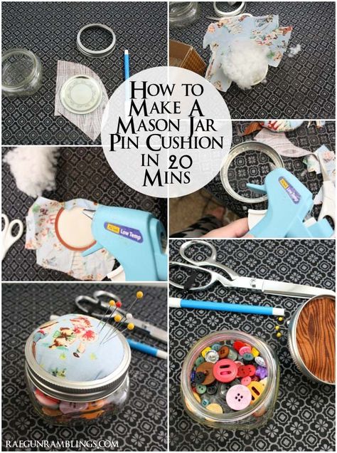 Mason Jar Pin Cushion, Jar Pin Cushion, Mason Jar Sewing Kit, Button Jar, Diy Pin Cushion, Chalk Paint Mason Jars, Cushion Tutorial, Wine Bottle Diy Crafts, Mason Jar Crafts Diy