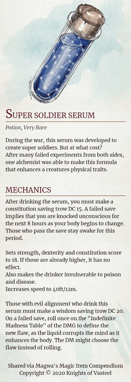 Stever Rogers super soldier serum inspired #D&D #CapitainAmerica #Falcon #WinterSoldier For this 8 hours period, as the body is changing, the DM might rule that the stat changes only take place after this time, or might gradually aplly them over the course of this hours. Super Soldier Serum Aesthetic, Dnd Modules, Super Soldier Serum, Dnd Magic, Dr Marvel, Monster Artwork, Dnd Classes, Dungeons And Dragons 5e, Dnd Funny