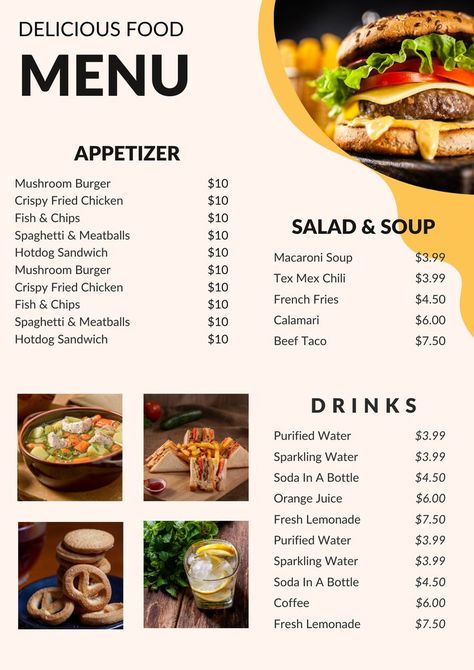 Vintage Food menu price list template. Editable with canva. Diy Menu Cards, Hotel Menu, Menu Card Design, Food Business Ideas, Chicken Menu, Burger Menu, Food Menu Template, Restaurant Menu Template, Appetizer Menu