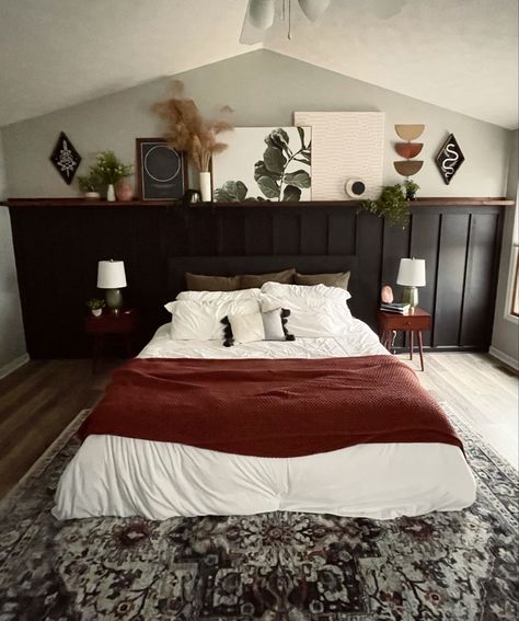 Board And Batten Wall Bedroom With Shelf, Black Bedroom Board And Batten Wall, Wall Accent Headboard, Accent Wall Shelf Bedroom, Bedroom With An Accent Wall, Black Metal Bed Frame Accent Wall, Accent Half Wall Bedroom, Accent Wall With Shelf Bedroom, Long Shelf On Wall