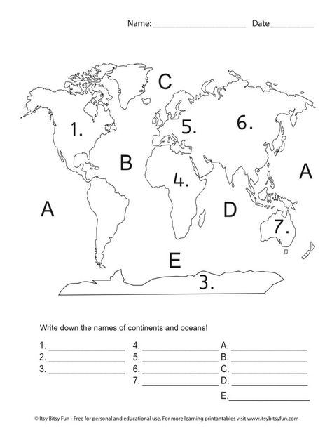 Oceans And Continents, Printable World Map, Montessori Geography, Geography Worksheets, Geography For Kids, Continents And Oceans, Map Worksheets, The Continents, 6th Grade Social Studies