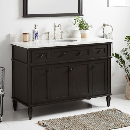 48" Single Sink Vanities | Signature Hardware Cabinet Vanity, Teak Vanity, Vessel Sink Vanity, Mahogany Cabinets, Semi Recessed Sink, Wall Mount Sinks, Quartz Vanity Tops, Traditional Bathroom Vanity, Acrylic Tub