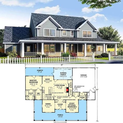 🔥 Classic country farmhouse HOUSE PLAN coming in at 1,980 sq. ft. Featuring 4 bedrooms, wraparound porch and large bonus space upstairs. Check out this will laid out FLOOR PLAN at https://www.homestratosphere.com/two-story-farmhouse-4138wm-house-plan/ Country Farmhouse Floor Plans, Country Farmhouse House Plans, Life Plans, Wraparound Porch, Farmhouse Floor Plans, Farmhouse House, House Plans Farmhouse, Life Plan, Room Box