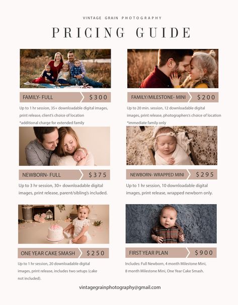 Family Photography Price List, Mini Session Pricing Guide, Photography Packages Ideas, First Time Photographer, Pricing Photography Sessions, Mini Photo Session Pricing, Photoshoot Package Prices, Event Photography Pricing, Photo Shoot Price List