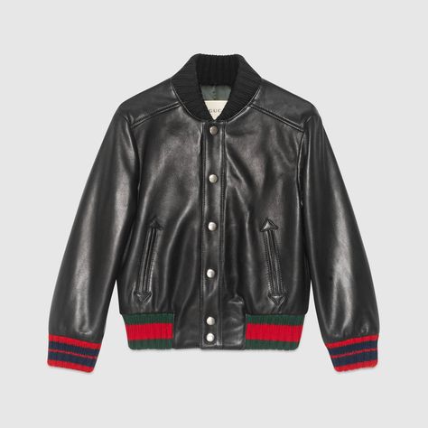 Children's leather bomber with Web Designer Outerwear, Gucci Jacket, Red Web, Girls Outerwear, Outdoor Jacket, Boys Jacket, Green And Red, Mode Streetwear, Gucci Black