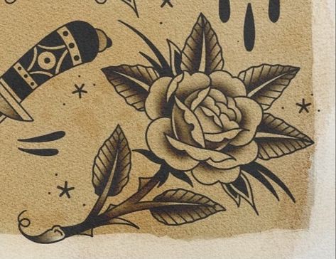 American Traditional Rose With Stem, Rose Tattoo Flash, Trad Rose, Traditional Rose Flash, American Traditional Roses, Traditional Rose, Traditional Rose Tattoo, Rose Thorn Tattoo, Traditional Tattoo Tutorial