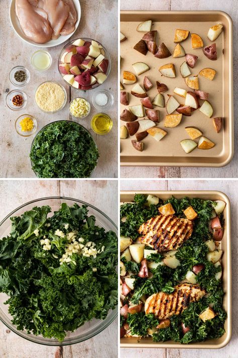 Sheet Pan Roasted Garlic Chicken with Kale and Potatoes is an easy grilled chicken topped off with kale, potato, parmesan, and zesty lemon. Kale And Potatoes Recipes, Lemony Chicken And Potatoes With Feta, Chicken And Kale Recipes, Sheet Pan Lemon Chicken And Potatoes, Skillet Lemon Chicken & Potatoes With Kale, Skillet Lemon Herb Chicken And Potatoes, Lemon Roasted Chicken And Potatoes, Chicken Kale, Roasted Garlic Chicken