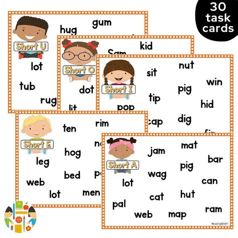 Short Vowel CVC Words Task Cards Engage young learners in reading practice with these Short Vowel CVC Words Task Cards, perfect for reinforcing essential phonics skills. These Short Vowel CVC Words Task Cards are designed to help early readers practice and master short vowel sounds. In 30 cards, 5 cards focuses on one of the five short vowel sounds (A, E, I, O, U) with a variety of simple CVC words, making phonics learning enjoyable and effective. Ideal for young learners in kindergarten or... Phonics Learning, Short Vowel Sounds, Reading Practice, Vowel Sounds, Short Vowels, Early Readers, Cvc Words, Task Cards, Phonics