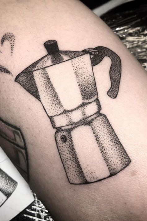 #coffeetattoos #tattooideas Moka Pot Tattoo, French Press Tattoo, Cuban Tattoos, Pot Tattoo, Sailing Tattoo, Mandala Hand Tattoos, Sketch Style Tattoos, Chrysanthemum Tattoo, Coffee Tattoos