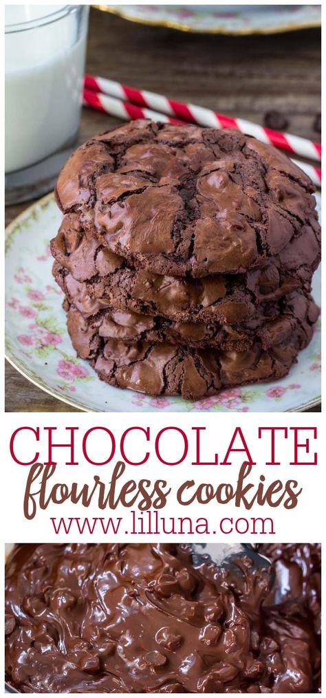 Flourless chocolate cookies are fudgy, chewy, and naturally gluten free. A mix between a cookie and brownie for chocolate lover perfection!! #chocolateflourlesscookies #flourlesschocolatecookies #chocolatecookies #cookies #chocolate Flourless Chocolate Brownie Cookies, Flourless Keto Desserts, Salt Free Dessert Recipes, Chocolate Flourless Cookies, Flourless Snacks, Naturally Gluten Free Desserts, Gluten Free Brownie Cookies, Chocolate Cookies Gluten Free, Chocolate Chewies