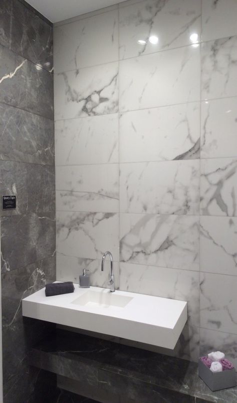 Marble and Wood Look Tile: Top Tile Trends From Cevisama 2015 in Valencia, Spain | The TOA Blog About Tile & More White And Grey Bathroom Tile, Small Bathroom Ideas Grey And White, Grey Marble Bathroom Ideas, White And Grey Marble Bathroom, Remodel Shower Ideas, Gray Marble Bathroom, Grey White Bathroom, Porcelain Wood Tile Bathroom, Basement Bathroom Ideas