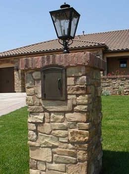 Manchester Column Mailbox Insert Stone Mailbox, Brick Mailbox, Mailbox Landscaping, Steel Mailbox, Diy Mailbox, Mailbox Design, Driveway Entrance, Mailbox Post, Front Yard Fence