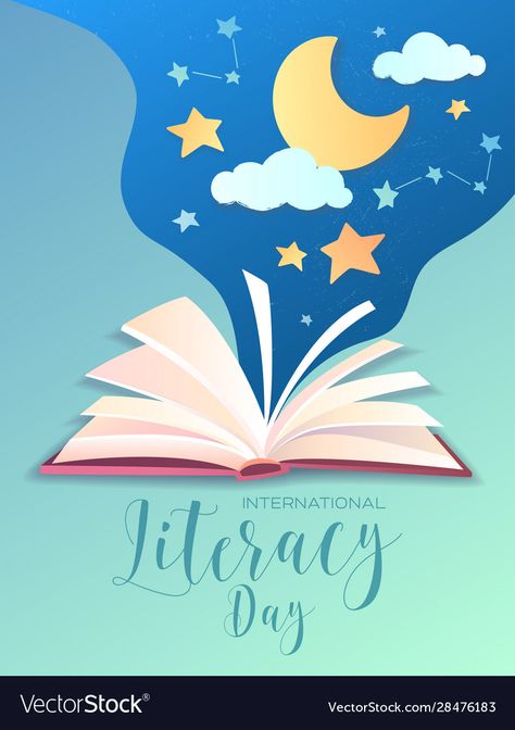 Literacy Day Poster, Book Poster Design, Open Book Vector, Night Sky With Moon, Seni Mural, Parveen Shakir, Book Vector, Education Poster Design, Literacy Day