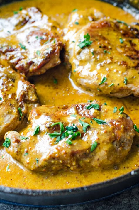 These moist honey dijon mustard pork chops cook in under 30 minutes and still have a perfect golden brown crust! Serve them with your favorite simple side dishes for a meal that everyone loves! #dinner #pork #recipe #mustard #easy Dijon Mustard Pork Chops, Tomahawk Pork Chop Recipe, Mustard Sauce For Pork, Curry Pork Chops, Simple Side Dishes, Honey Pork Chops, Honey Mustard Pork Chops, Mustard Pork Chops, Honey Pork