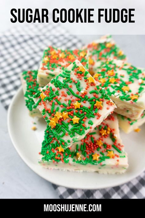 Sugar cookie fudge with sprinkles in red, green, and gold stars on top. On a white plate with gray plaid napkin and concrete backdrop. Cookie Fudge Recipe, Sugar Cookie Fudge, Cookie Fudge, Cheap Dessert Recipes, Creamy Fudge, Holiday Treats Recipes, Vegan Sugar Cookies, Holiday Baking List, Christmas Sweet Treats