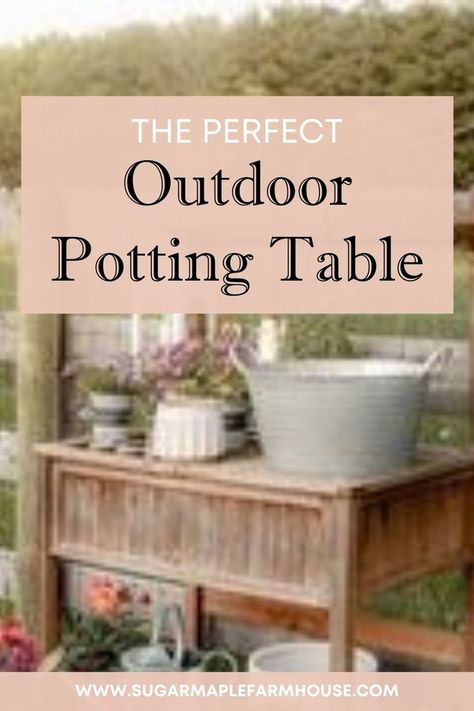 Do you want a place to put your dirt? Hooks for tools? Do you want a place for pots or a place to dry herbs? Do you need to have room for water or will a space for a watering can work? You need a DIY potting bench or outdoor potting table. DIY potting bench plans for the perfect pretty outdoor potting table to make your gardening a breeze. Read how we transformed this potting bench into a beautiful and functional potting bench space. #gardeningtips Planting Station Potting Tables, Garden Work Bench Potting Station, Potting Table Ideas, Outdoor Potting Bench Ideas, Outdoor Potting Table, Diy Potting Table, Potting Bench With Sink, Garden Work Bench, Potting Bench Ideas