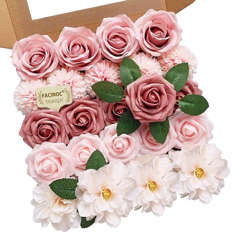 PRICES MAY VARY. Silk Flowers, Foam Flowers 👰【Pink Roses Artificial Flowers Set】A combo pack of different types of flowers and colors as a theme. Handmade silk roses artificial flowers bulk to create wedding bouquet, bridal shower decorations, wedding centerpieces for tables, artificial flowers for wedding decorations, silk flowers for home decor indoor, baby shower decor. 💎【Roses Artificial Flowers Size & Quantity】A total of 23 fake flowers and 6 accessories, including mixed silk dahlia and r Wedding Flower Arrangements Centerpiece, Fake Floral Arrangements, Dusty Pink Bouquet, Table Centerpieces Home, Flower Bouquet Boxes, Artificial Flower Wedding Bouquets, Diy Bridal Bouquet, Artificial Wedding Bouquets, Bouquet Box