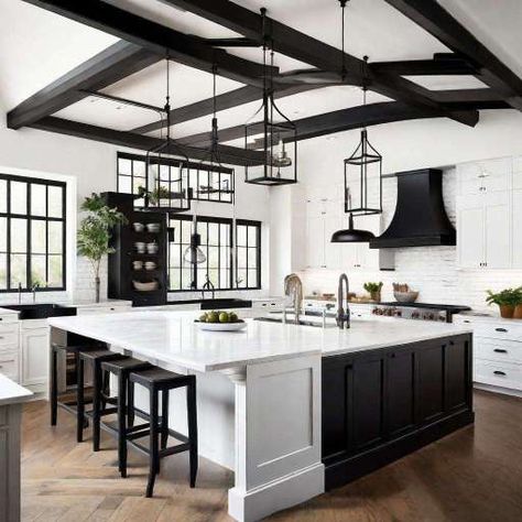 45 Excellent ideas for black and white kitchen decor 54 Kitchen Ideas Modern Luxury Black, White Kitchen Living Room, Room Layout With Fireplace, Living Room Layout With Fireplace, Black And White Farmhouse Kitchen, Awkward Living Room, Black Beams, Black And White Kitchen Decor, Awkward Living Room Layout