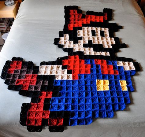 Super Mario pixel granny crochet blanket by The Yarn Geek Mario Granny Square Blanket, Mario Crochet, King Sized Bed, Thrifty Diy, Crochet Geek, Mario Luigi, Kids Sewing, Pixel Crochet, Quilt Art