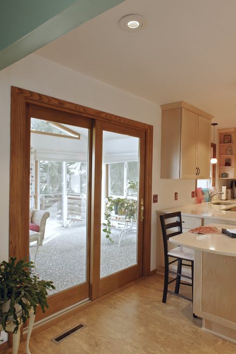 Wood Frame Sliding Glass Door, Wood Sliding Glass Door, Sliding Doors In Kitchen, Sliding Doors Curtains, Sliding Door In Kitchen, Slider Door Curtains, Door Design Sliding, Sliding Door Exterior, Curtain Sliding Door