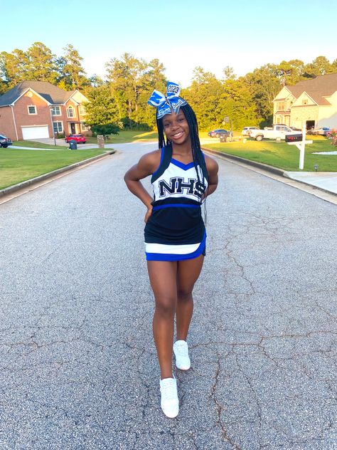 Blue And Black Cheer Uniform, Blue Cheerleader Uniform, Cheer Flexibility, Cheer Black, Black Cheerleaders, Cheer Photos, Cheerleading Bow, Dance Uniforms, Cheer Uniforms