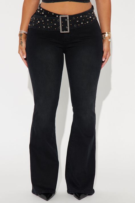 Available In Black. Flare Pant Mid Rise Back Zip Closure Belted Studded Back Pockets Stretch 32" Inseam Disclaimer: Due To The Specialized Wash, Each Garment Is Unique. 98% Cotton 2% Spandex Imported | My Favorite Pair Flare Pant in Black size XS by Fashion Nova Plus Size Pants, Jeans Jumpsuit, Girls Jeans, Matching Dresses, Flare Pants, Black Pants, Fashion Nova, Dresses For Sale, Jumpsuit Romper