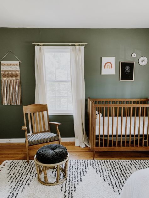 Dark Sage Nursery, Green Nursery White Furniture, Green Nursery With Dark Furniture, Sage Green And Wood Nursery, Green Brown White Nursery, Green Wood Nursery, Neutral Brown Nursery, Green White And Brown Nursery, Olive Green Nursery Ideas