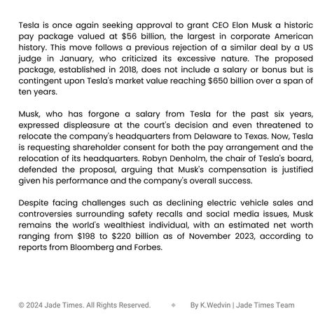 Tesla Proposes $56 Billion Pay Deal for CEO Elon Musk's Compensation —— Tesla seeks approval for Elon Musk's $56 billion pay package, the largest in US corporate history, after a previous rejection. Musk's compensation, tied to Tesla's market value, faces scrutiny. Amid controversies, including safety recalls, Musk's net worth remains high, topping $200 billion. —— Visit the link in our bio. #jadetimes #ElonMusk #BusinessNews Elon Musk Giveaway Format, Elon Musk Investment Format For Yahoo, Elon Musk Tesla Investment Format, Elon Musk Investment Format For Client, Elon Musk Format, Elon Musk Tesla, New Photo Download, Market Value, Photo Download