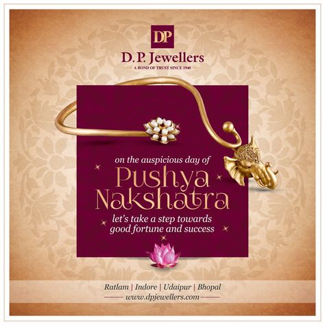 D.P.Jewellers wishes you good fortune and success on this auspicious day of Pushya Nakshatra 😊😇 #DPJewellers #PushyaNakshatra #Greetings Jwellary Advertisment Poster, Pushya Nakshatra Jewellery Ads, Pushya Nakshatra, Jewellery Ads, Jewellery Creative, Art Deco Design Graphics, Brain Icon, Jewellery Advertising, All The Best Wishes