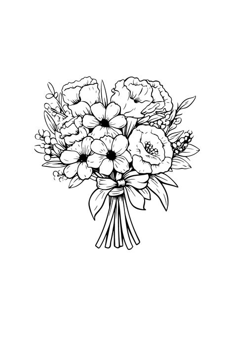 Flower Bouquet Sketch Simple, Bouquet Sketch Drawings, Flowers In Vase Sketch, Flower Vase Coloring Pages, Flower Vase Drawing, Flower Bouquet Drawing Watercolor Print, Flower Printable, Flowers Bouquet, Flower Arrangements