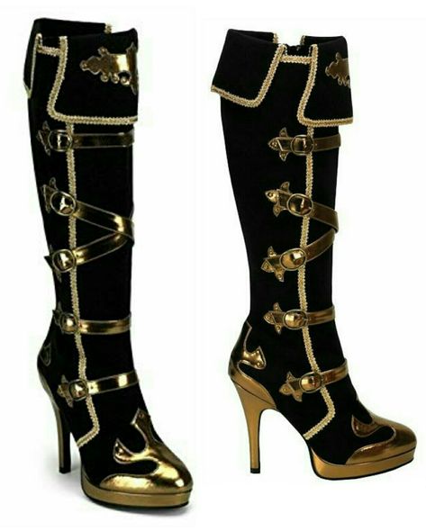 Thigh High Boots Outfit, Chunky Black Boots, Pirate Boots, High Heel Stiefel, High Boots Outfit, Gold Boots, Old Fashion Dresses, Chique Outfits, Stiletto Boots