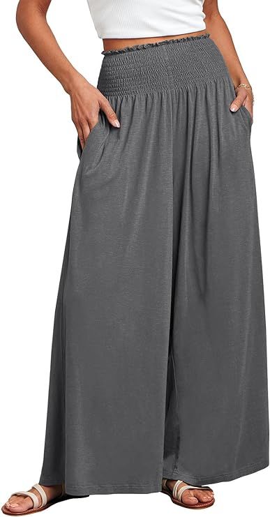 ANRABESS Women Summer Palazzo Pants Casual Loose Wide Leg Baggy Smocked High Waist Boho Lounge Pant Fashion 2023 Trousers with Pocket 1178shenhuahui-XL Grey at Amazon Women’s Clothing store Palazzo Pants Summer, Boho Lounge, Lounge Style, Pants Summer, Summer Boho, Comfy Pants, Summer Pants, Colored Pants, Oversized Style