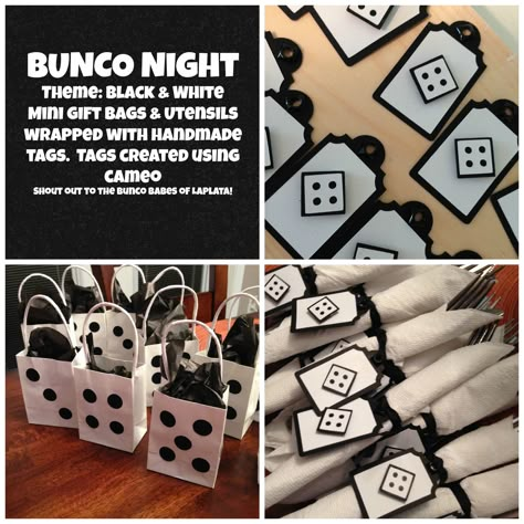 Bunco Theme, Black & White, Bunco Babes, Tags, Gift Bags, Cameo. Helped my mom make these for her "Bunco" night. #tammytastes Bunco Prizes Ideas, Bunko Themes, Bunco Snacks, Bunco Party Themes, Girls Night In Food, Bunco Prizes, Bunco Food, Bunco Themes, Bunco Game