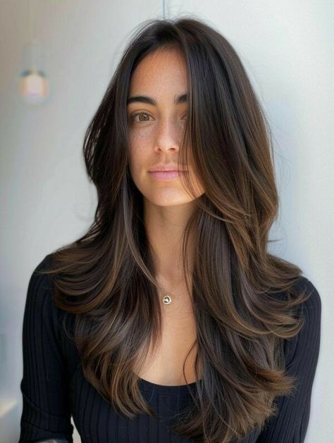 Long Hair Hair Cuts Layers, Long Hair Long Layers Curtain Bangs, Dark Brown Hair Face Framing Layers, Layer Haircut With Curtain Bangs Long Hair, Long Face Layers, Long Layered Hair With Curtain Bangs Round Face Haircuts, Brunette With Layers, Long Layered Brunette Hair, Blended Layers Haircut