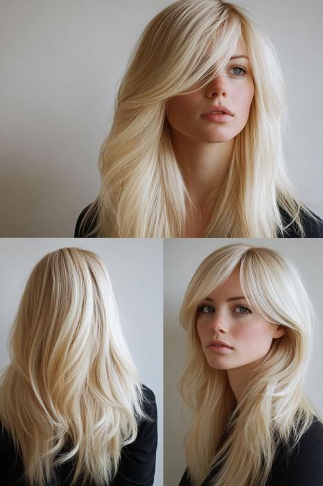 33 Effortless Long Layered Haircuts with Side Bangs Long Blonde Hair Styles With Layers Side Swept Bangs, Layered Haircuts With Side Bangs, Haircuts With Side Bangs, Layered Side Bangs, Long Platinum Blonde, Blonde Layered Hair, Straight Hairstyles Medium, Black Wavy Hair, Long Layered Cuts