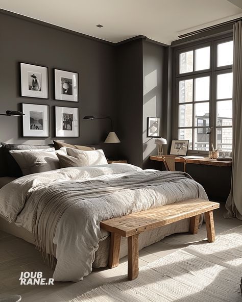 Dark Gray Bedframe Bedroom Ideas, Dark Charcoal Bedroom, Dark Gray Wall Bedroom, Gray Sheets Bedroom, Gray Bedframe Bedroom Ideas, Charcoal Walls Bedroom, Charcoal Bedroom Walls, Dark Gray Bedframe, Gray Wall Bedroom